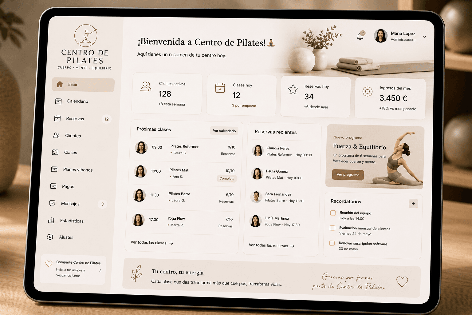 App reservas para centro de pilates